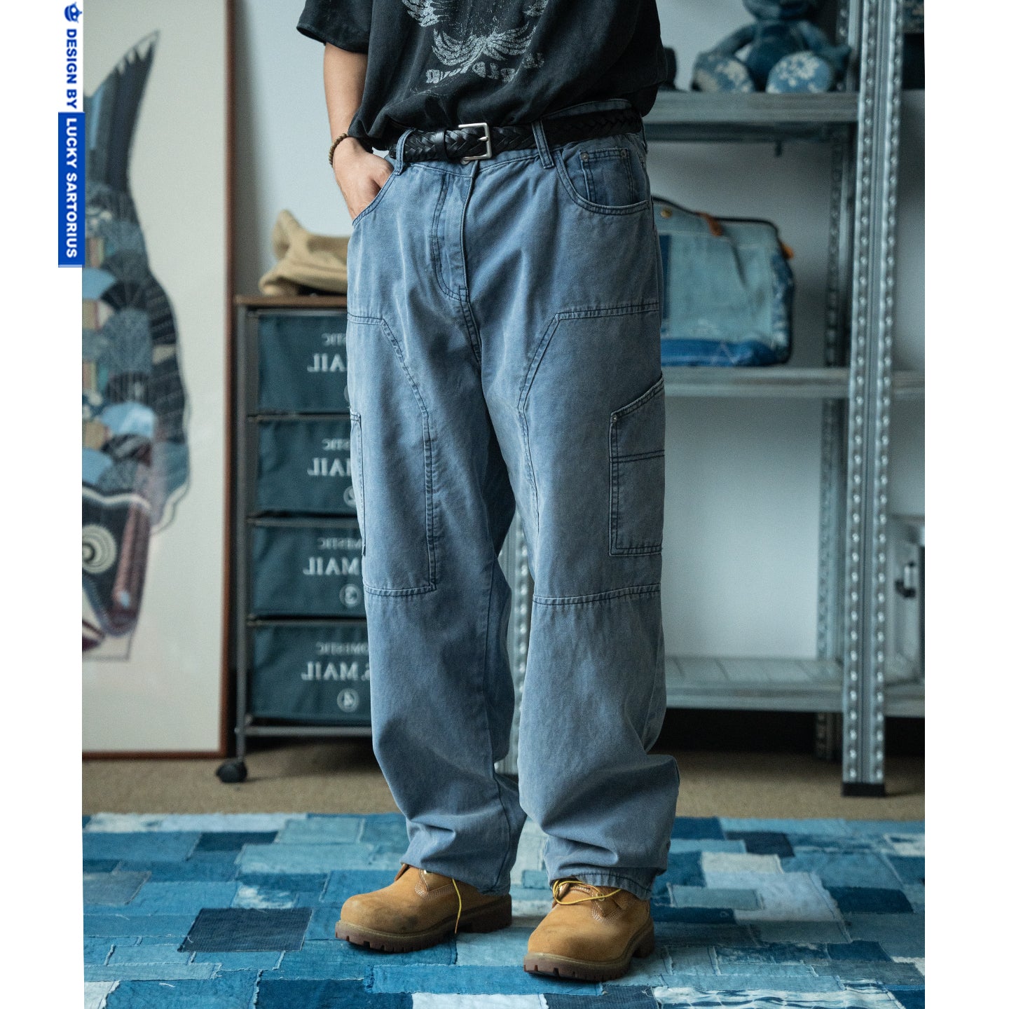 Japanese Retro Washed Beaded Canvas Work Pants – Loose Wide-Leg Unisex