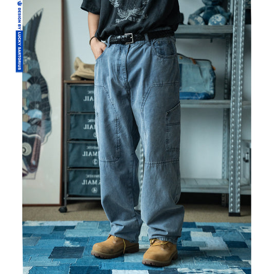 Japanese Retro Washed Beaded Canvas Work Pants – Loose Wide-Leg Unisex