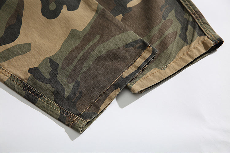 Men's American Street Retro Cargo Pants - Camouflage Heavy Washed Ripped Straight-Leg Pants