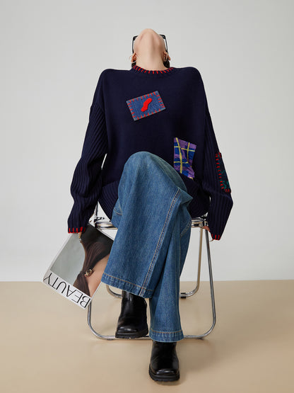Color-Block Hand-Embroidered Patchwork Sweater – Japanese Niche Knit Top