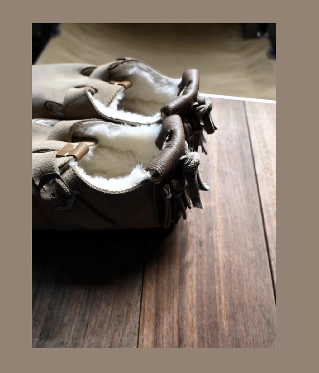 Sonofloong Vintage Genuine Leather Slippers - Deerskin Tassel Sheepskin Fur Closed-Toe Birkenstock Style