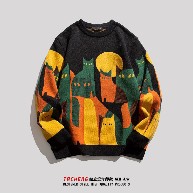 Cat Jacquard Loose Knit Sweater – American Style High-End Feel (Unisex)