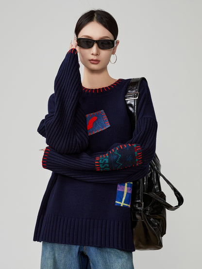 Color-Block Hand-Embroidered Patchwork Sweater – Japanese Niche Knit Top