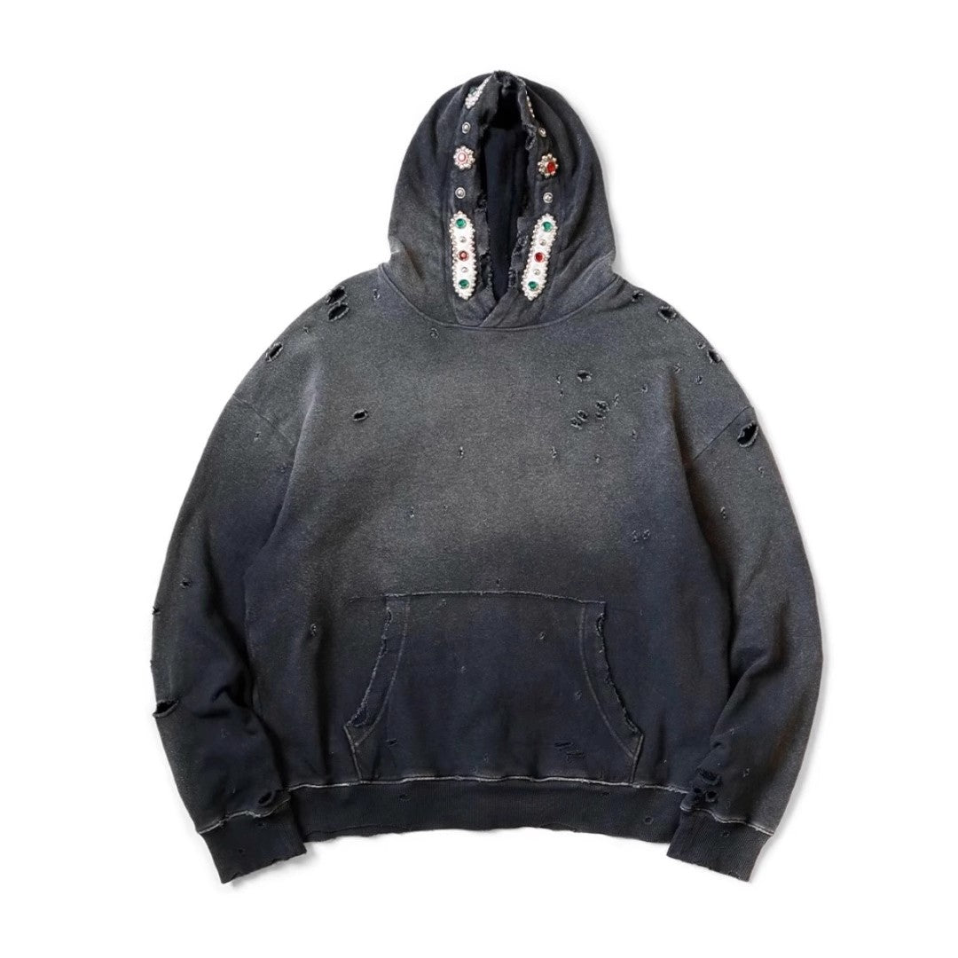 Bieber Same Style 25AW KAPITAL Kazuhiro Hirata Japanese Wax Dye Washed Destroyed Gemstone Hoodie