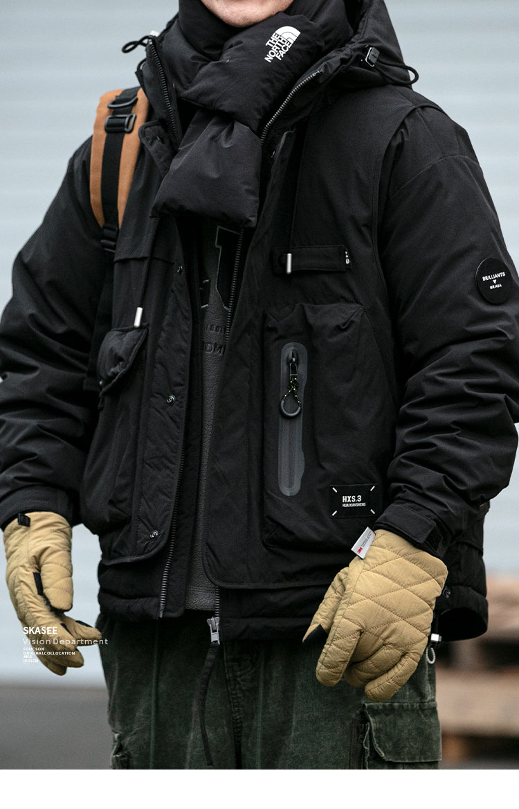 Winter Workwear Hooded Down Jacket Men's Trendy Loose Outdoor Multi-Pocket Functional 90% White Duck Down Warm Coat Trendy