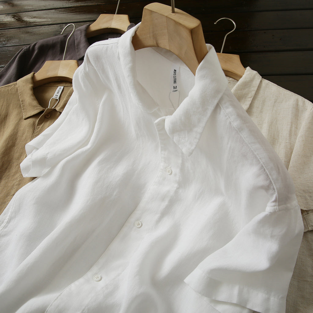 Cool Antibacterial Linen/Lyocell Men's Summer Turn-down Collar Loose Casual Short Sleeve Shirt Top