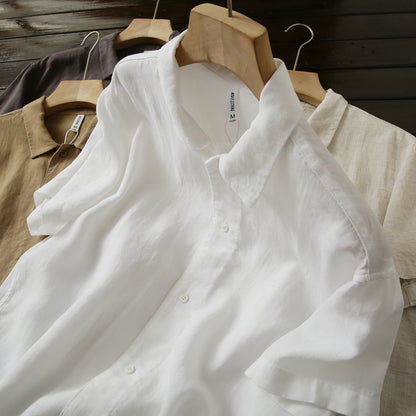 Cool Antibacterial Linen/Lyocell Men's Summer Turn-down Collar Loose Casual Short Sleeve Shirt Top