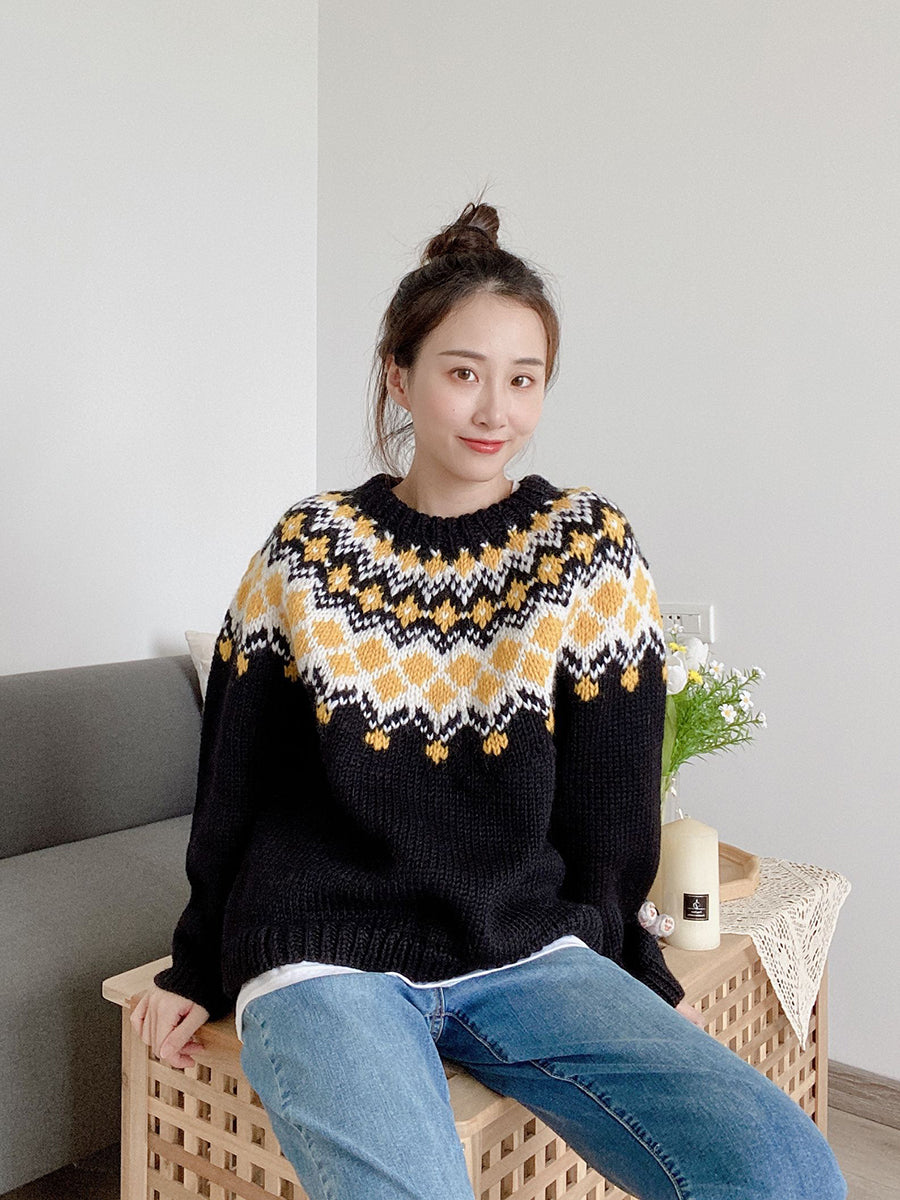 Handmade Fair Isle Wool Cardigan – “Ferris Wheel” Motif Loose Unisex (Black)