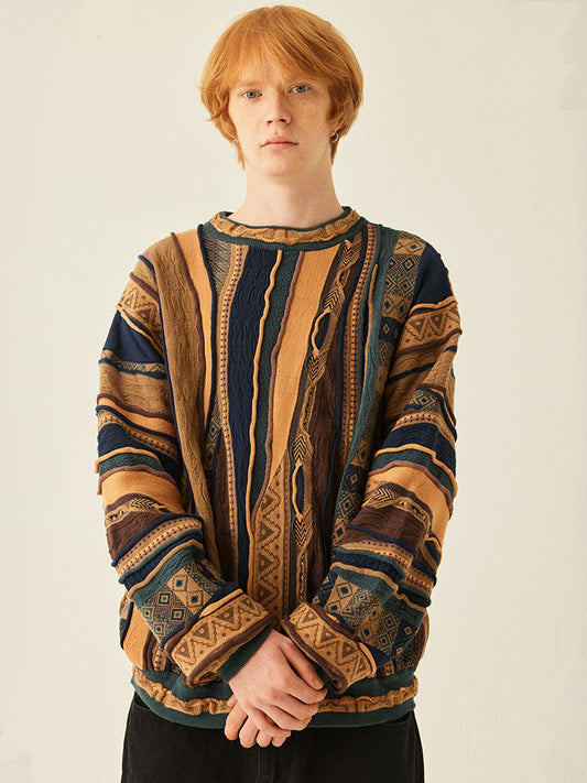 Medria Unisex Retro Bitter Melon Pattern Sweater - Niche Ethnic Vintage Pullover