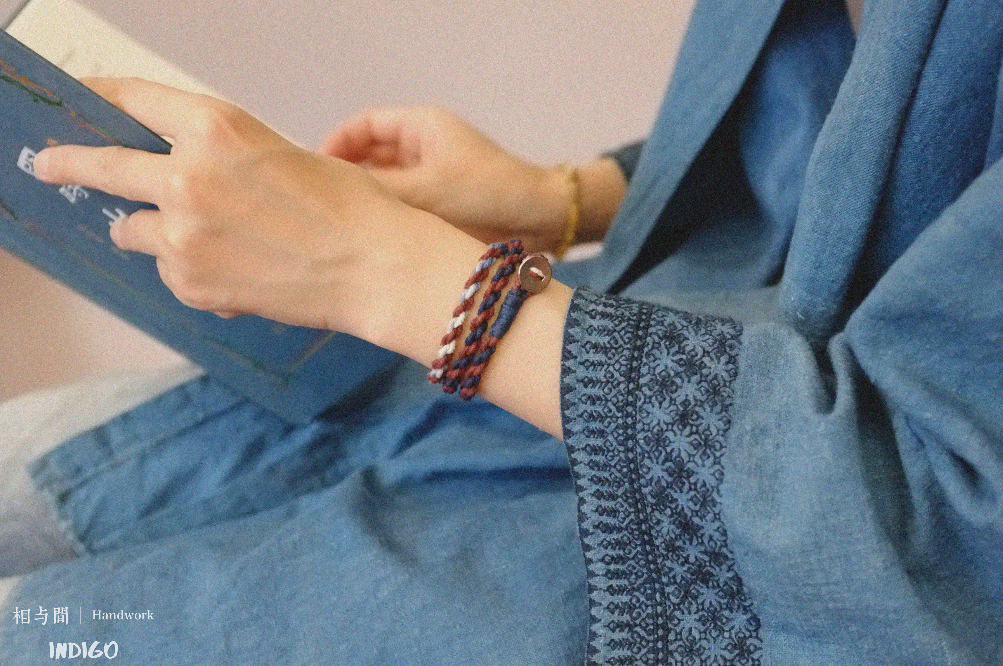 Original Four-Strand Weaving Blue Dyed + Madder Red Hand Rope Cotton Linen Niche Couple Retro Multi-Twist Bracelet