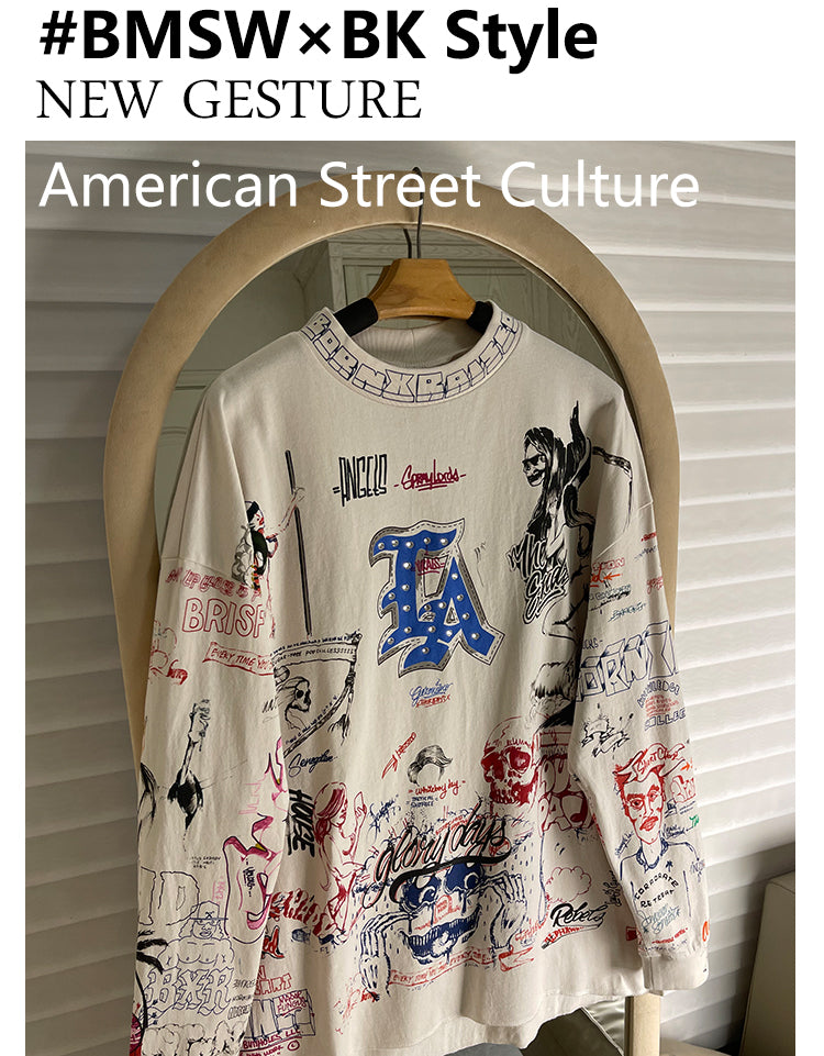 Quan Zhilong “Saint Michael” Rhinestone Graffiti Long-Sleeve Tee – Unisex Streetwear Vintage Base