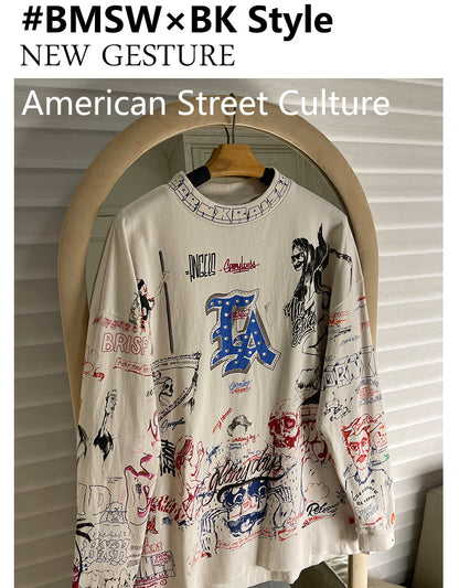 Quan Zhilong “Saint Michael” Rhinestone Graffiti Long-Sleeve Tee – Unisex Streetwear Vintage Base