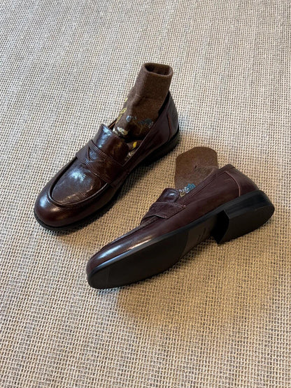 Women's Retro Genuine Leather Loafers - Sheepskin Slip-On Chunky Heel British Style Lazy Shoes