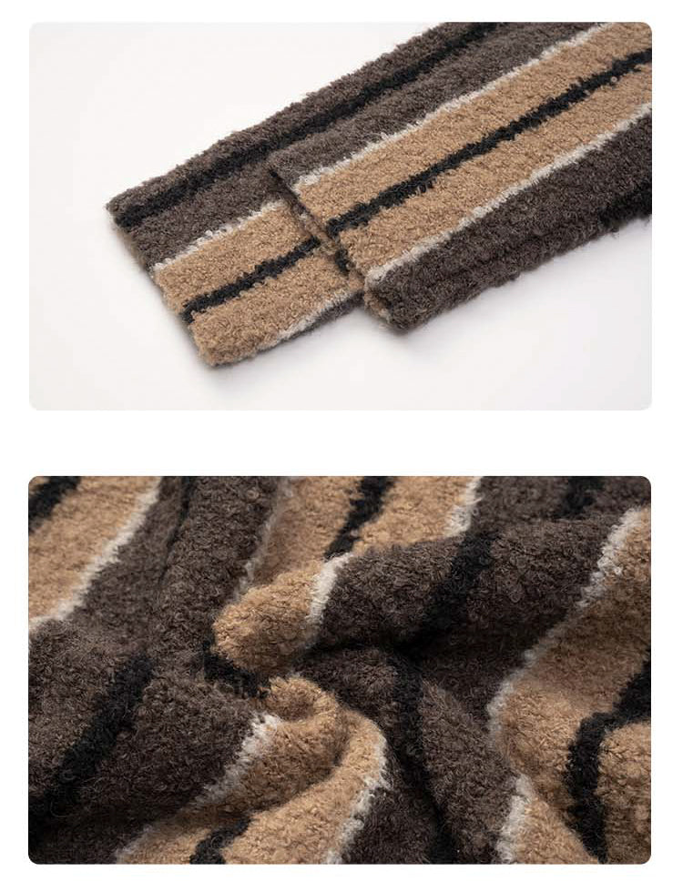 MEDRIA Retro Striped Wool Blend Tibetan Hoodie Autumn Winter Lazy Style Knitted Sweater Unisex Hooded Jacket