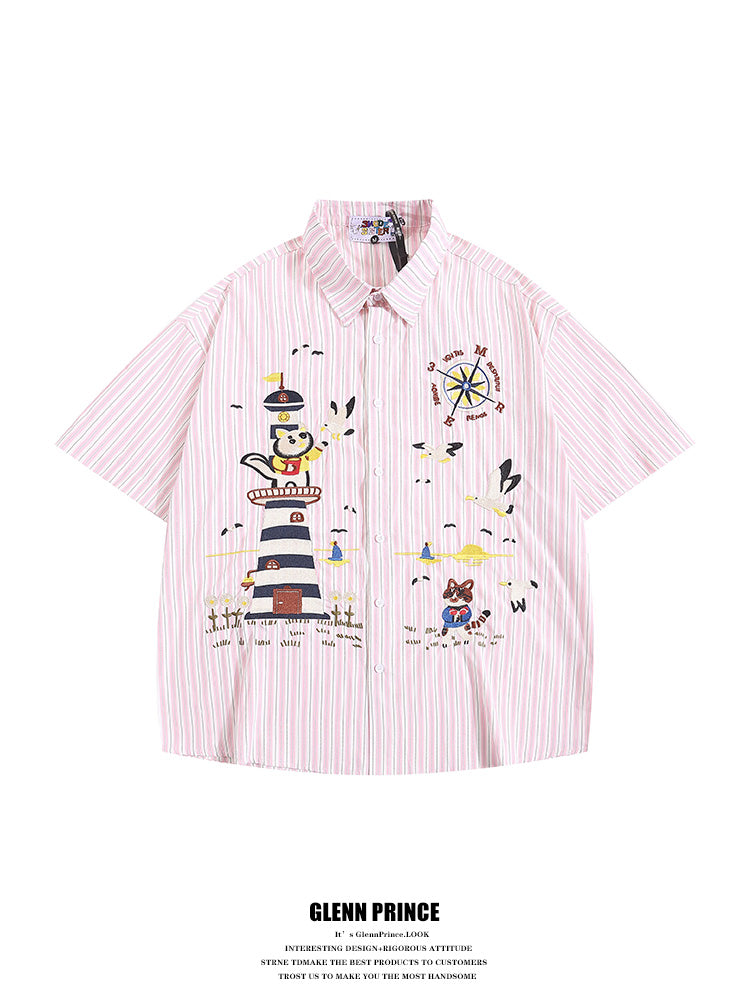 Japanese Style Trendy Cartoon Embroidery Vertical Striped Short Sleeve Shirt for Men Summer Loose Couple Half Sleeve Shirt
