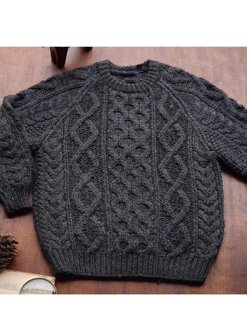 Fisherman-Style Aran Wool Sweater – Thick Knit Retro Khaki Unisex