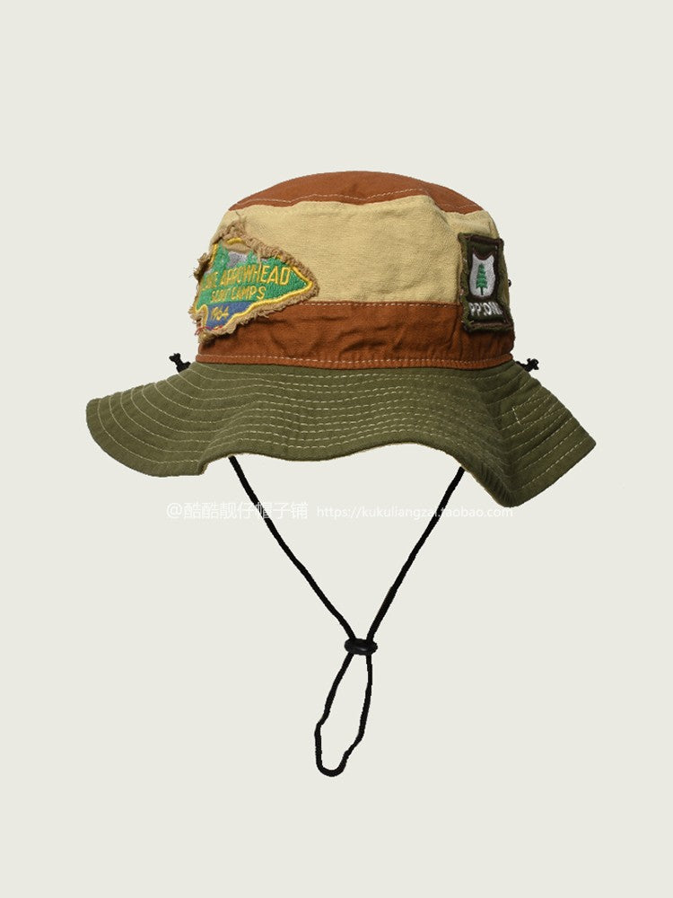 Unique Fisherman Hat for Men and Women, Vintage Patched Street Style Trendy Brand Hiking Hat, Outdoor Camping Western Cowboy Hat