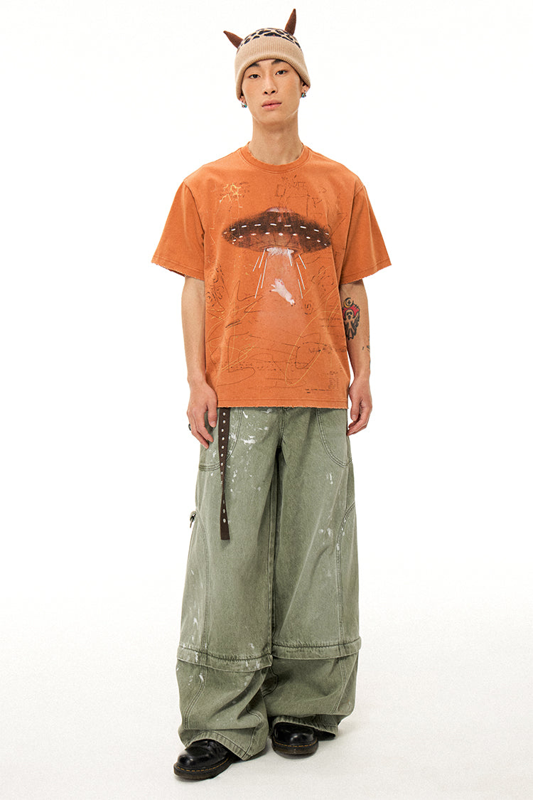 Alien Piggy 230g UFO Piggy Print Orange Short Sleeve T-Shirt