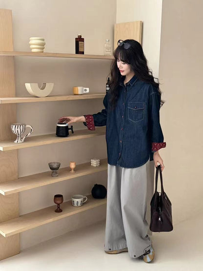 Design Sense Retro Denim Button-Front Shirt – Loose Slimming Long Sleeve for Women