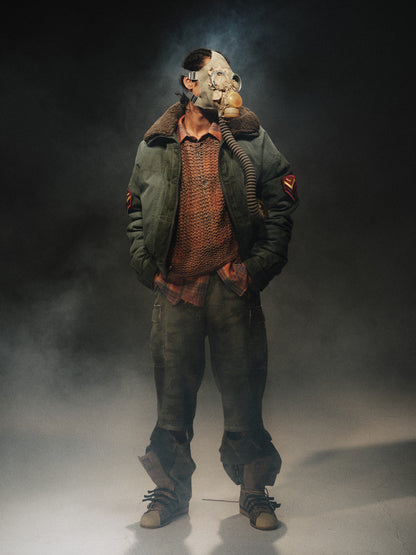 24aw Washed Green Vintage Jacket Cotton-Padded Coat Distressed Epaulet Fur Collar Thickened Coat