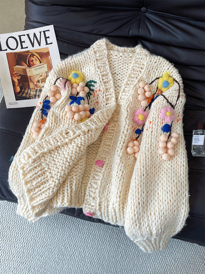 Women's 2025 Autumn French Retro Crochet Cardigan - Handmade 3D Flower Heavy Knit Sweater Coat