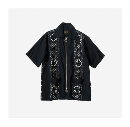 Japanese Style Casual Double Zipper Printed Short Sleeve Shirt Loose Fit Unisex