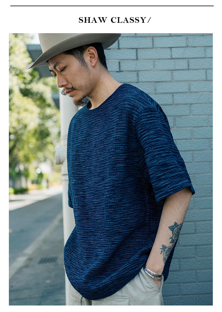 Original Japanese Retro Blue Dyed Sashiko & Kasuri Loose Fit Crew Neck Short Sleeve T-Shirt