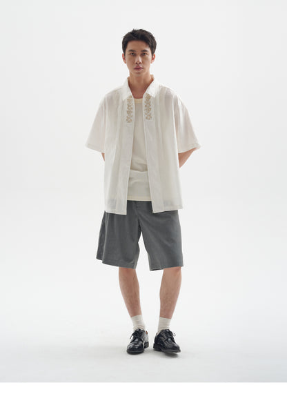 25SS Ramie Blend Passionflower Embroidery Washed Vintage Japanese Style Retro Short Sleeve Shirt