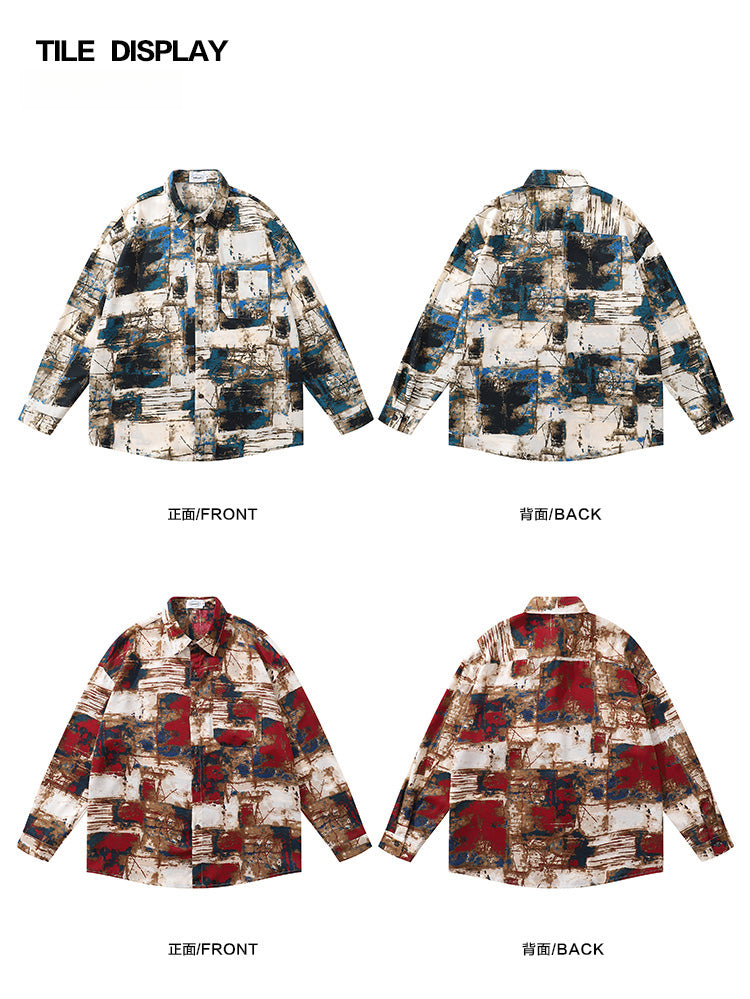 Trendy Street Irregular Oil Painting Full Print Long Sleeve Shirt for Men Autumn Niche Casual Shirt Jacket