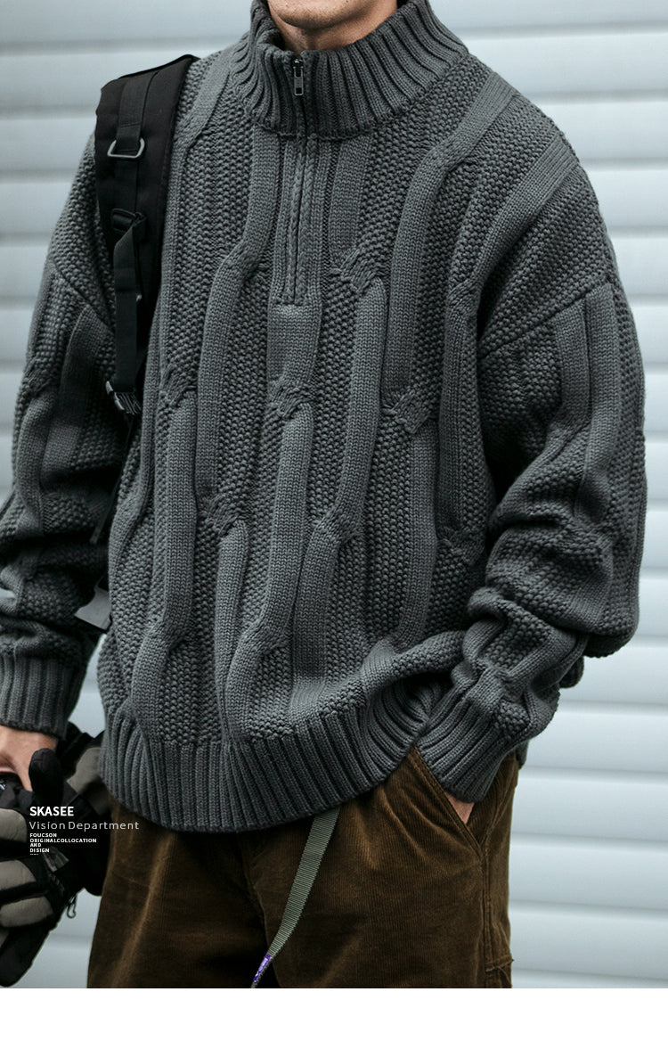 Winter Heavyweight High Grammage Non-Itchy Thick Cable Knit Stand Collar Pullover Sweater American Retro Half-Zip Thickened Coat