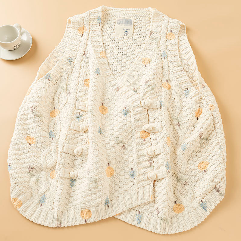 Mori Girl Floral Knitted Sweater Vest – Retro Button Sleeveless Knit