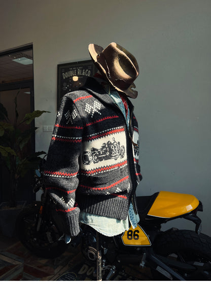 RRL Motorcycle Club Jacquard Cardigan – Heavy Retro Green Knit (Unisex)