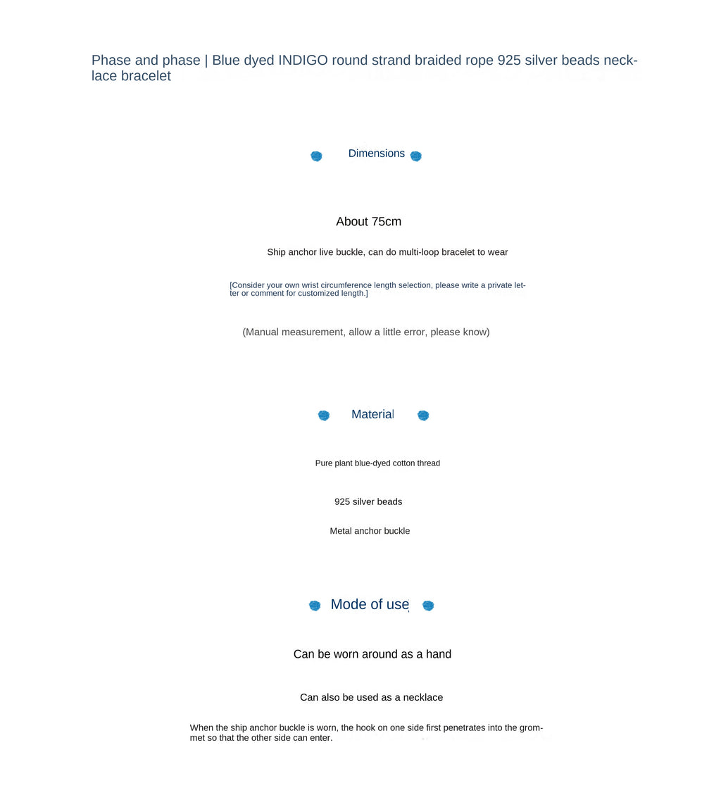 Original Indigo Dyed Indian Coin Woven Silver Bead Necklace Anchor Indigo Hand Rope