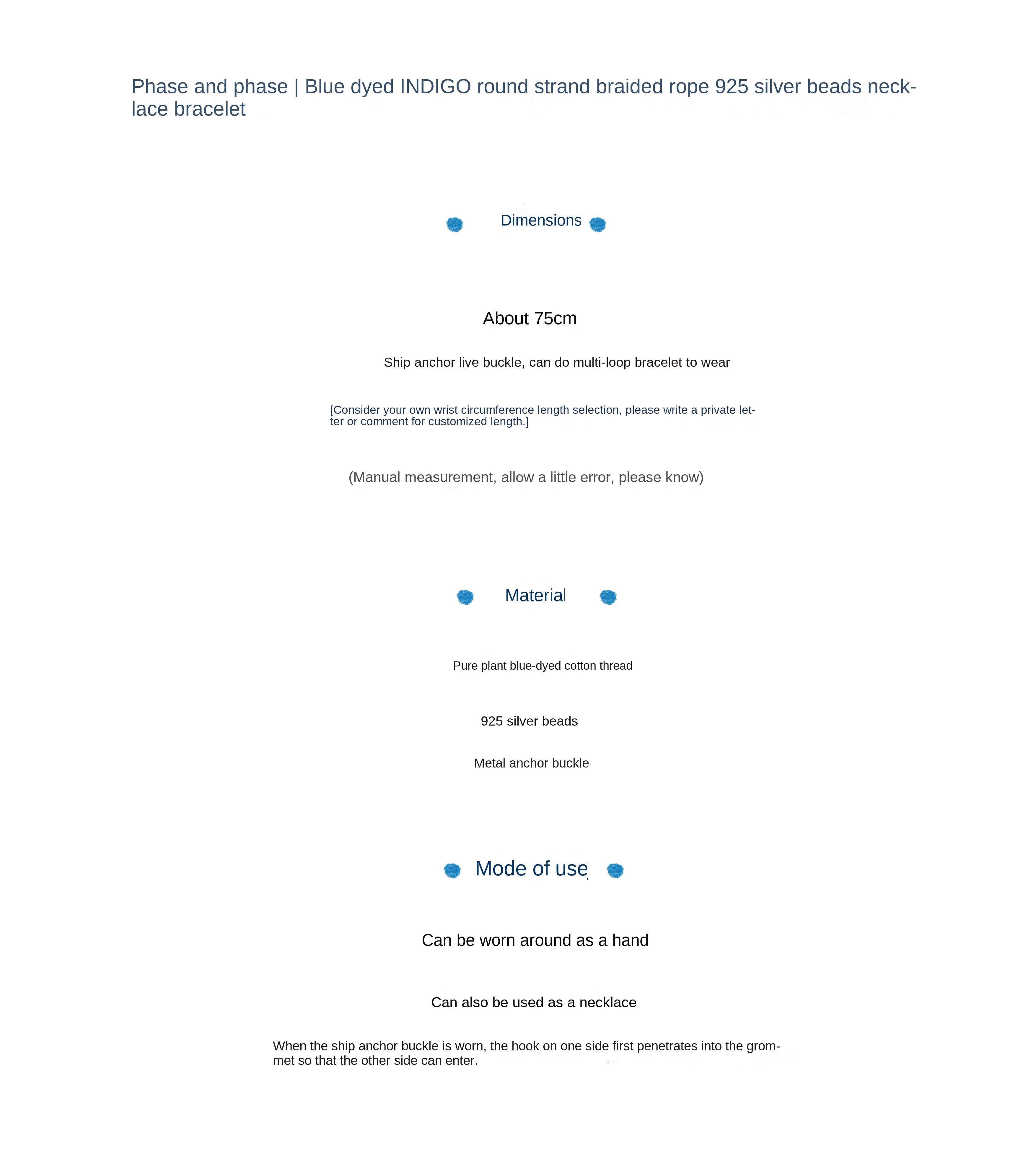 Original Indigo Dyed Indian Coin Woven Silver Bead Necklace Anchor Indigo Hand Rope