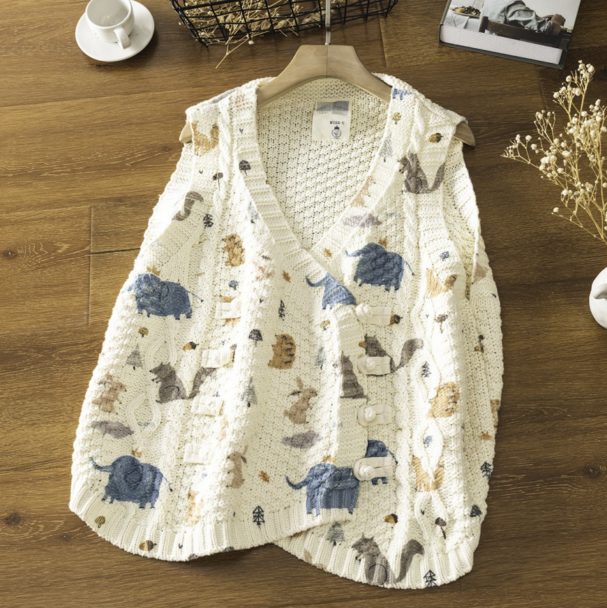 Japanese Style Printed V-Neck Cotton Double-Breasted Knit Vest – Loose Retro Button Detail