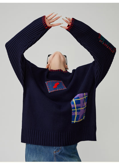 Color-Block Hand-Embroidered Patchwork Sweater – Japanese Niche Knit Top