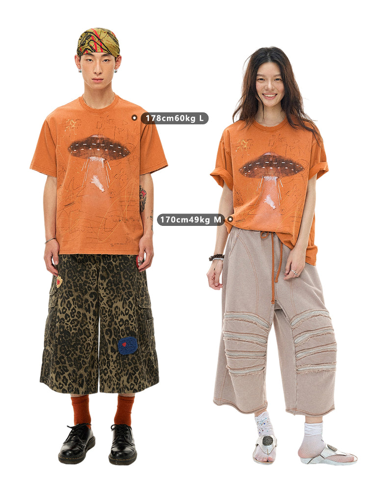 Alien Piggy 230g UFO Piggy Print Orange Short Sleeve T-Shirt