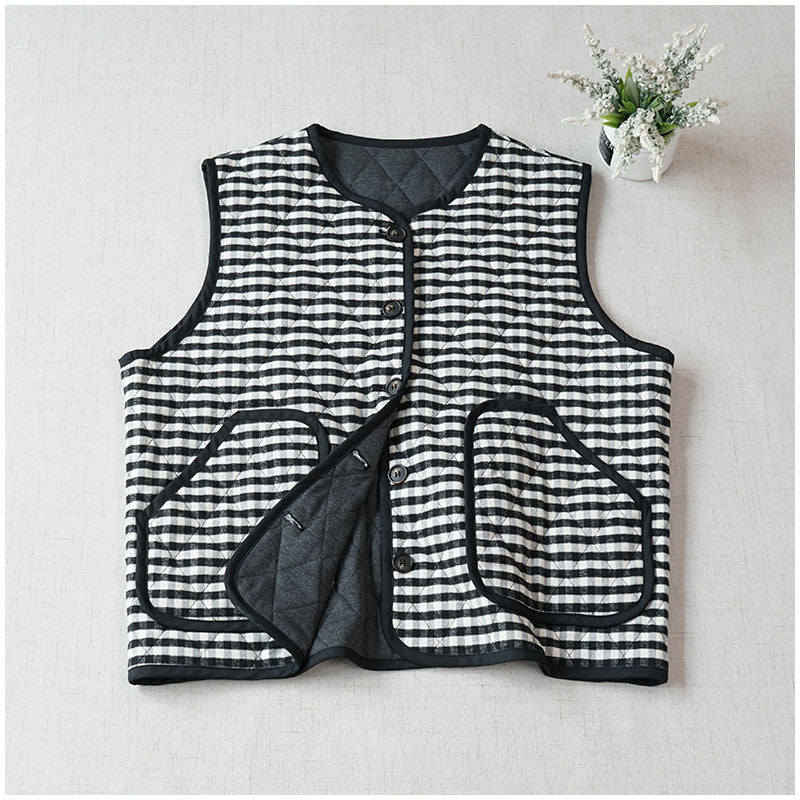 Quilted Cotton Padded Vest — Retro Single-Breasted Sleeveless Outerwear for Autumn/Winter