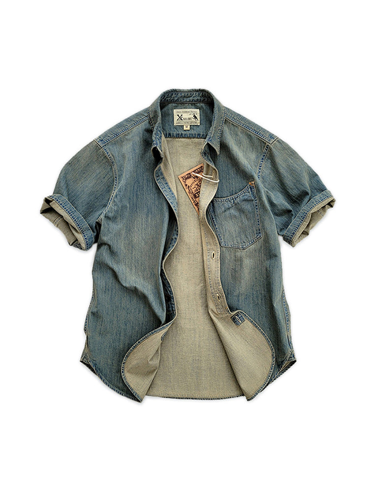 Summer Cotton Denim Short Sleeve Shirt Amekaji Retro Casual New Arrival