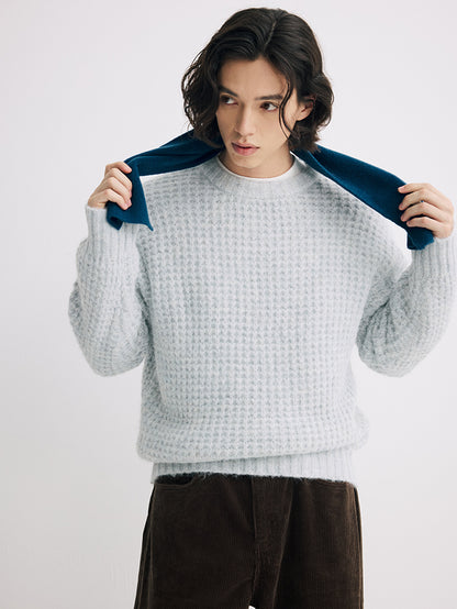 Coke Life Carpem Unisex Winter Sweater - 8% Long Camel Wool Pineapple Check Loose Crew Neck Base Top