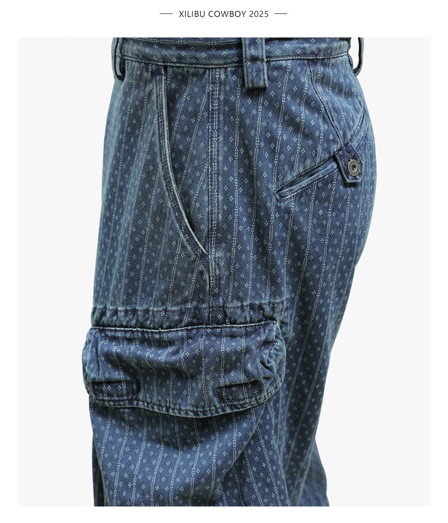 Blue Dyed Jacquard Loose Fit Scimitar Cropped Pants Japanese Retro Style with Large Pockets Casual Mid-Length Shorts