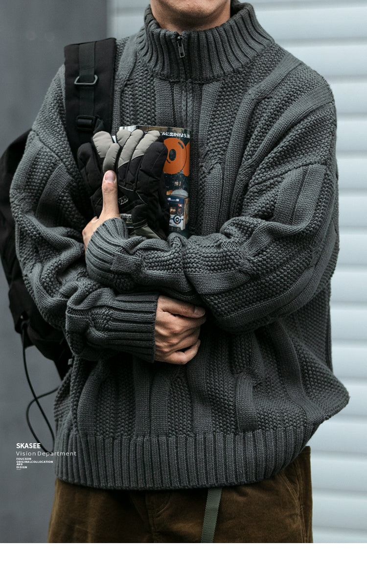 Winter Heavyweight High Grammage Non-Itchy Thick Cable Knit Stand Collar Pullover Sweater American Retro Half-Zip Thickened Coat