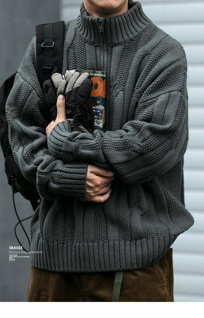 Men's Winter Heavyweight Cable Knit Sweater - American Retro Half-Zip Stand Collar