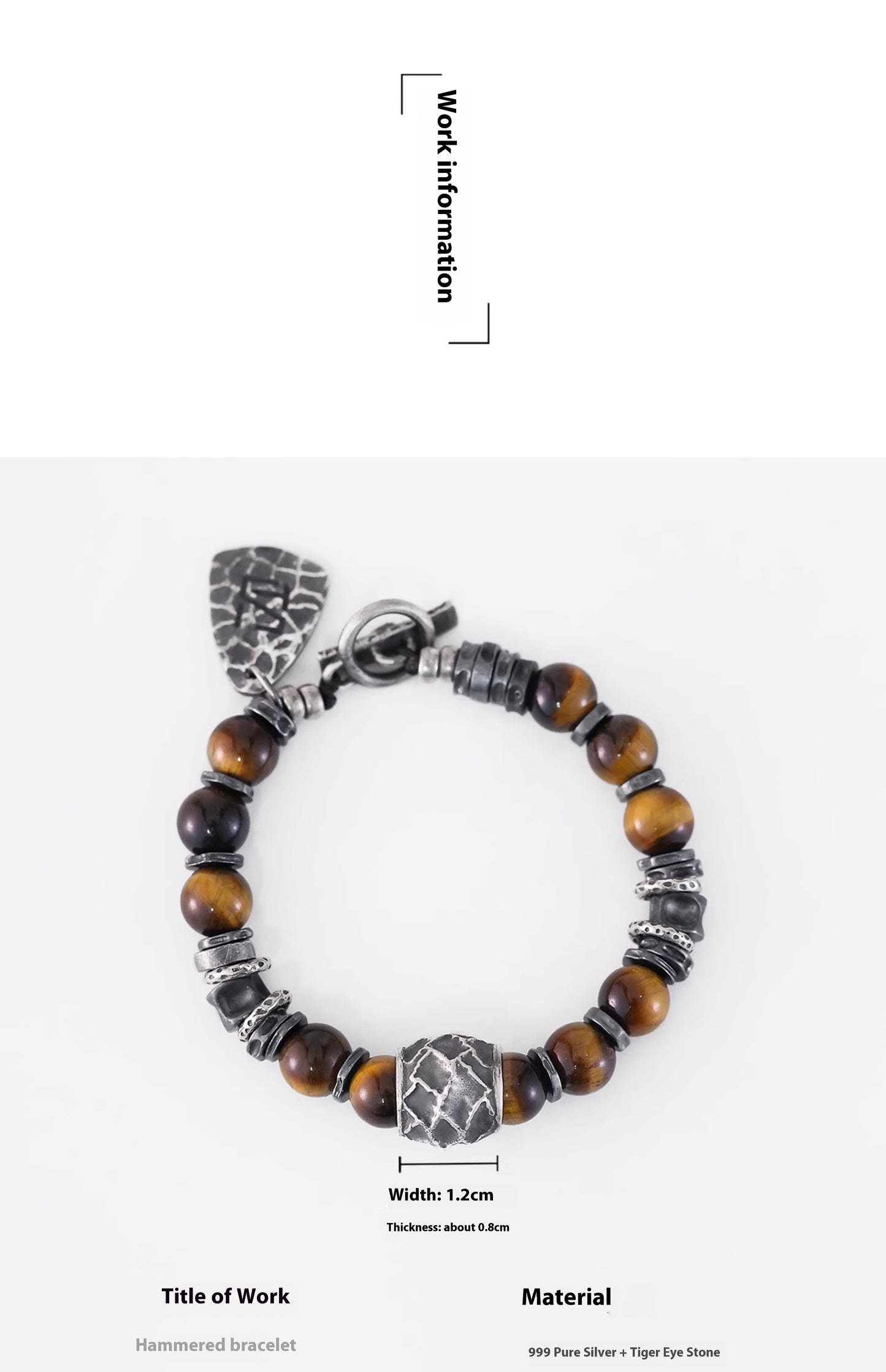 Yinshu Original Handmade &lt;Hammered&gt; Bracelet for Men Niche 999 Pure Silver Tiger Eye Stone Men's Vintage Bracelet