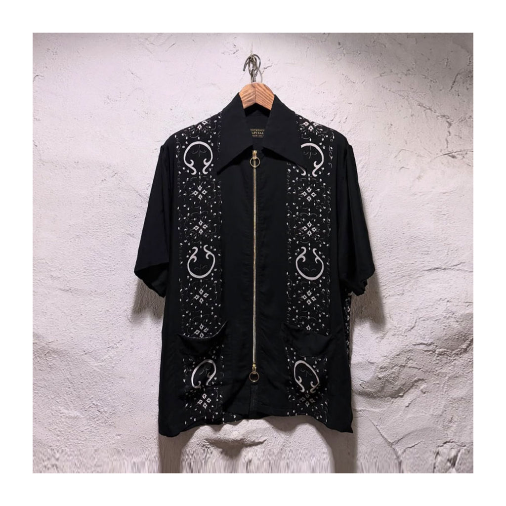 Japanese Style Casual Double Zipper Printed Short Sleeve Shirt Loose Fit Unisex