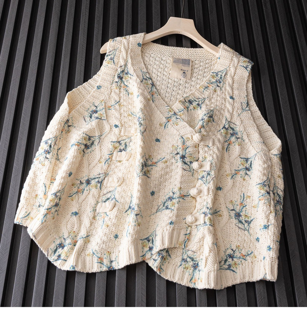 Mori Girl Floral Knitted Sweater Vest – Retro Button Sleeveless Knit
