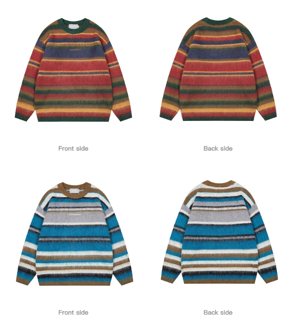 WOODOO Unisex Retro Knitted Sweater - Color Block Striped Round Neck Top