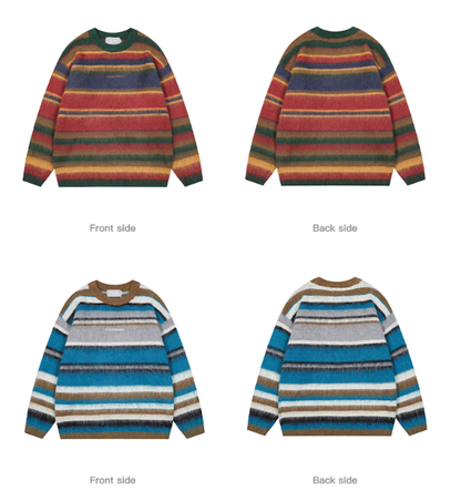 WOODOO Unisex Retro Knitted Sweater - Color Block Striped Round Neck Top