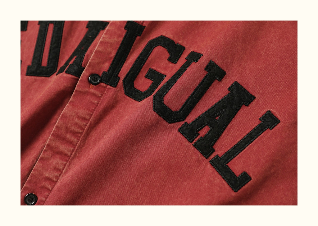 Heavy Washed Patch Embroidery Street Cotton Loose Shirt Men Skateboarding Street Dance Rust Red Short Sleeve