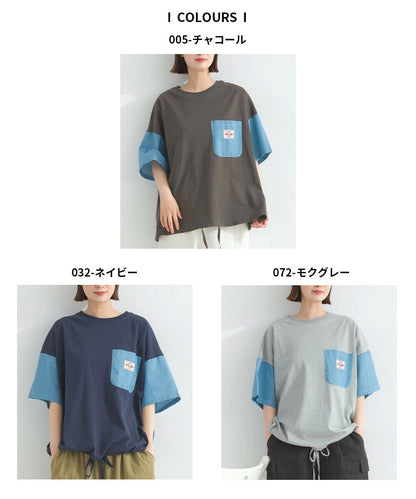 Japanese Style Stitching Denim Pocket Letters Profile T-shirt Designer Loose Casual Summer Patch